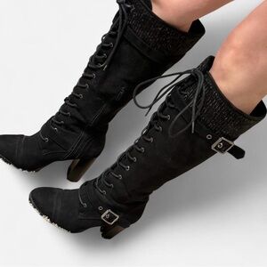 Elegant Black Lace-Up Heeled Boots